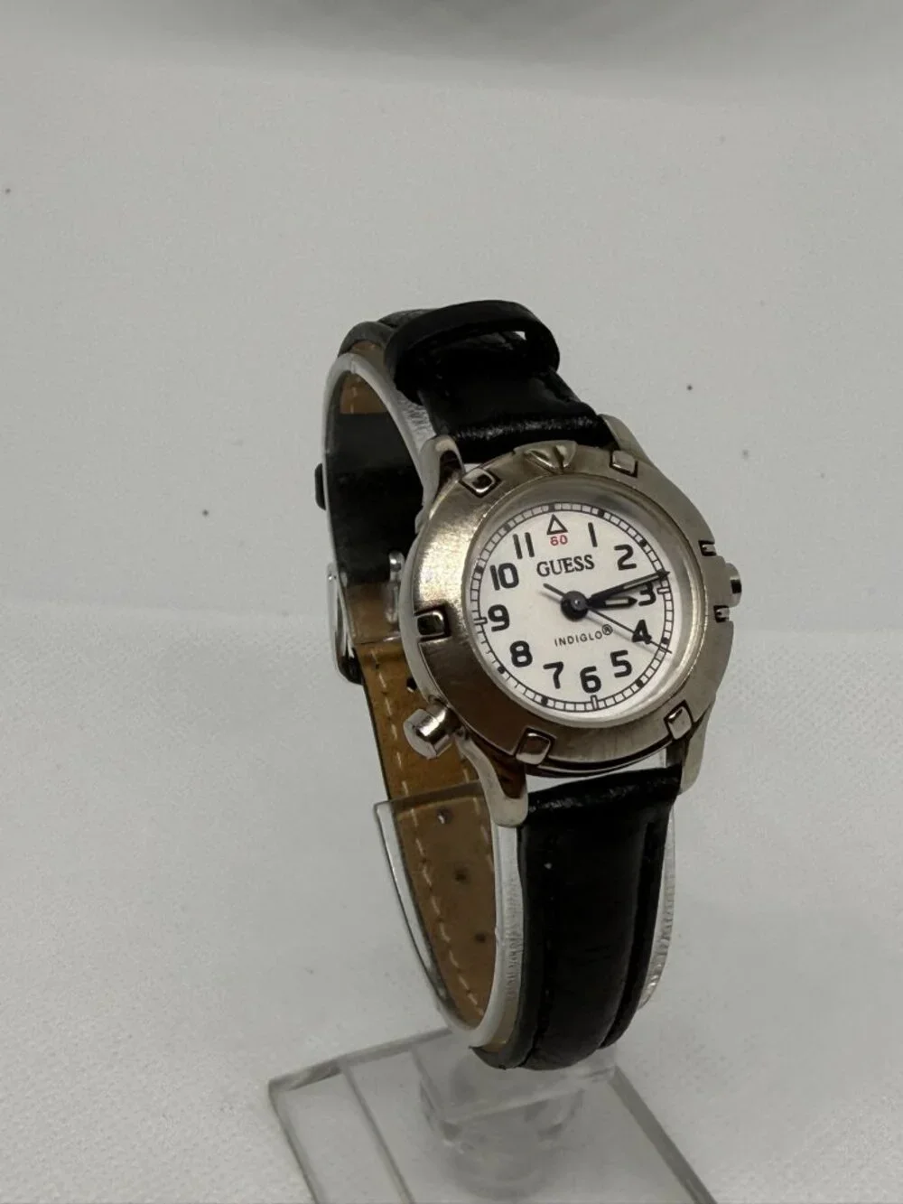 GUESS Vintage 1990s Indiglo Women's Silver-Tone Watch White Dial Black Leather